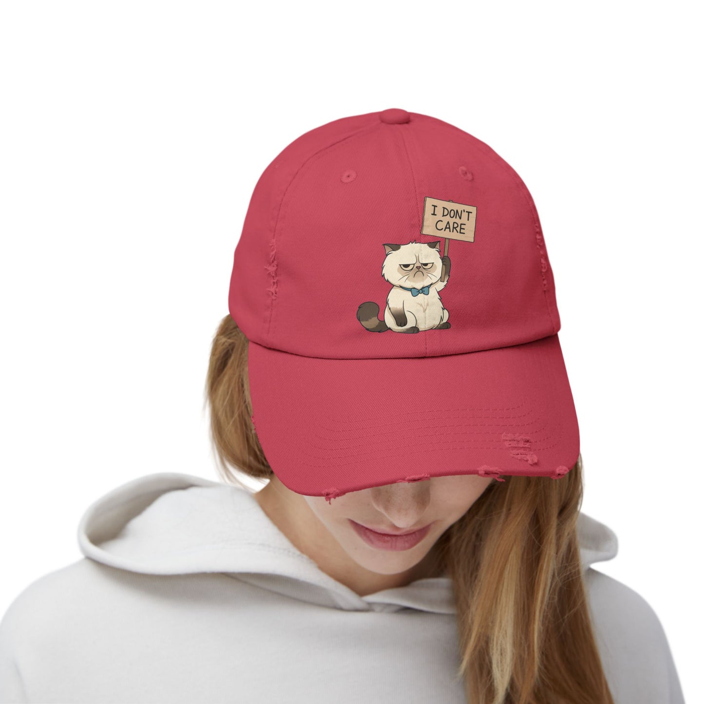 Distressed Cat Cap — 'I Don't Care'